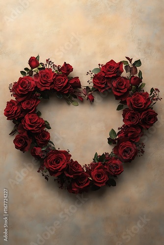 a heart-shaped wreath made of red roses on a soft golden background 