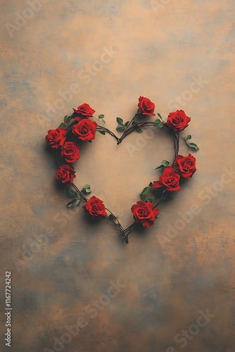 a heart-shaped wreath made of red roses on a soft golden background 