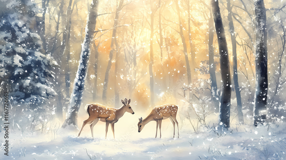 Frosty forest, deer grazing in snow, early morning light, watercolor style. Frostwind. Illustration Frosty forest, deer grazing in snow, early morning light, watercolor style. Frostwind. Illustration