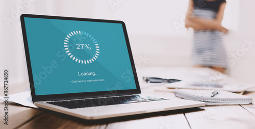 Fotografía Close up of freelancer laptop screen with loading bar, young woman waiting impat