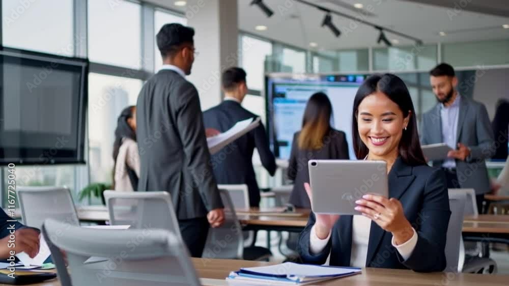 A businesswoman holding a digital tablet, smiling with happiness as she reads a good news notification, while a professional business team collaborates and works together in a modern office building. A businesswoman holding a digital tablet, smiling with happiness as she reads a good news notification, while a professional business team collaborates and works together in a modern office building.