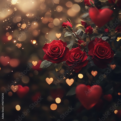 a collection of red roses and golden hearts surrounded by soft bokeh lights 