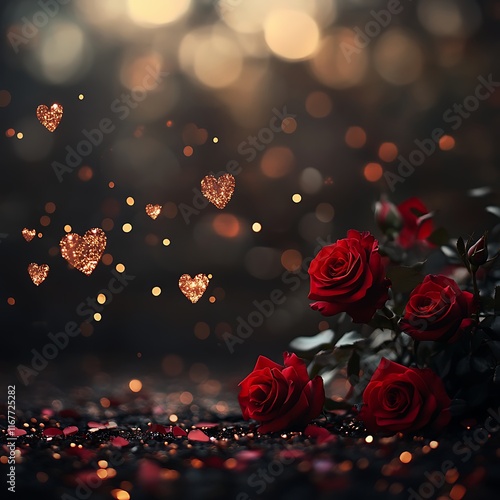 a collection of red roses and golden hearts surrounded by soft bokeh lights 