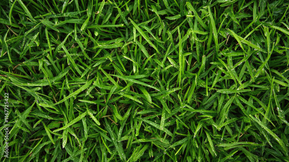 Lush green grass with dew drops covering the surface Lush green grass with dew drops covering the surface