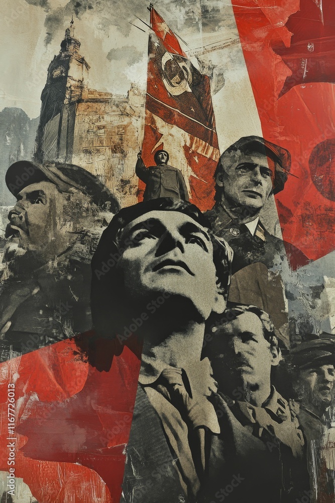 Fototapeta premium Revolutionary figures, flag, cityscape, textured collage.