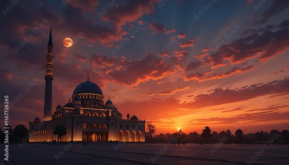 Obraz premium Beautiful Mosque at Sunset with a Positive Atmosphere