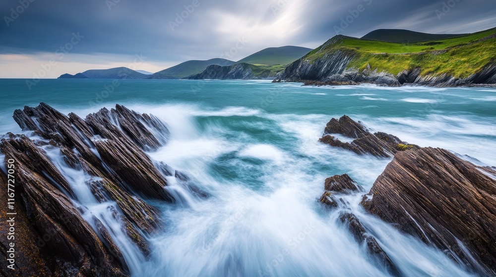 Fototapeta premium Dramatic coastal scene with crashing waves on rocky shore, green hills under cloudy sky.