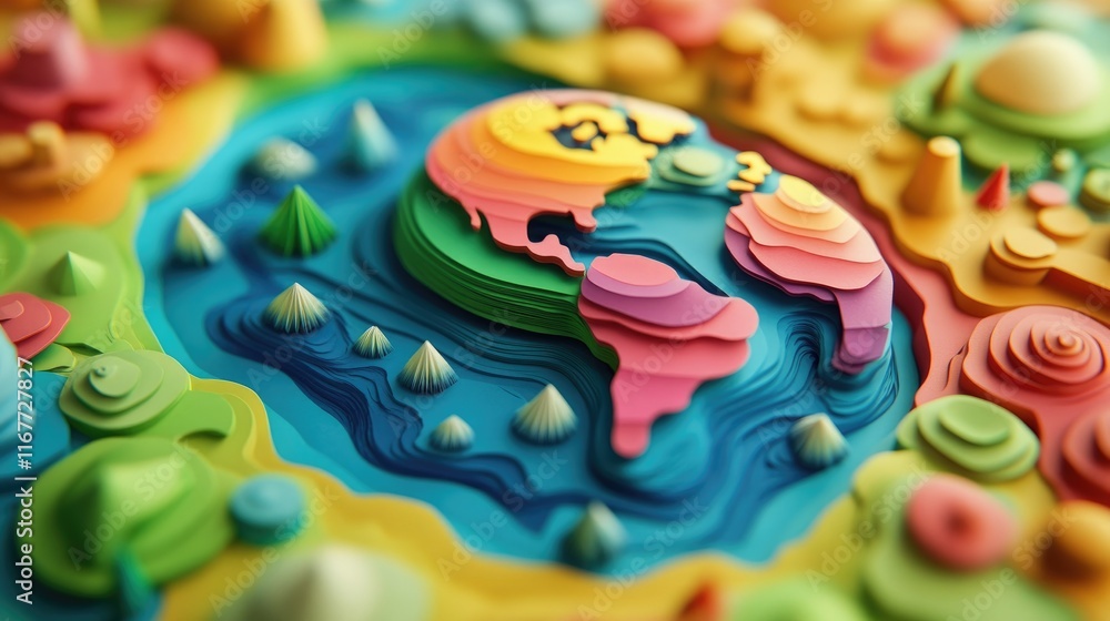 Fototapeta premium Colorful layered paper art depicting a vibrant Earth surrounded by whimsical landscapes.