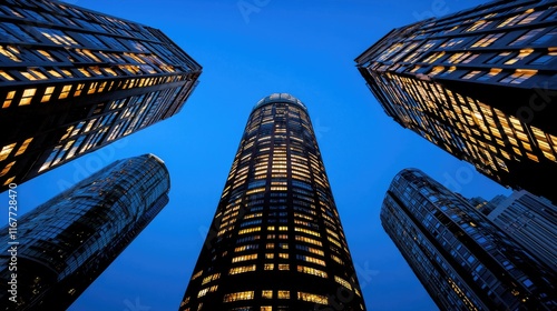 Skyward view of modern skyscrapers illuminated at dusk urban cityscape architectural photography nighttime atmosphere photo