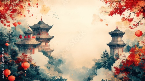 Autumnal Mountain Pagodas, Lanterns, Mist, Asian Landscape, Background