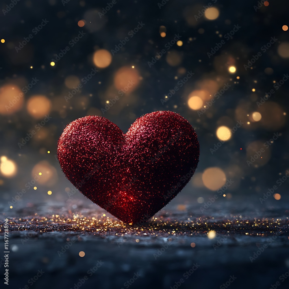 Obraz premium a deep red heart with golden glitter on a soft glowing background 