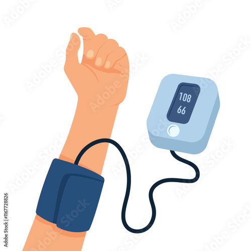 Blood pressure measurement - tonometer and hand. Flat vector illustration.