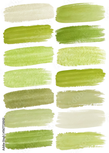 Green watercolor swatches, textured brush strokes, nature-inspired palette, artistic background, design elements, creative projects.