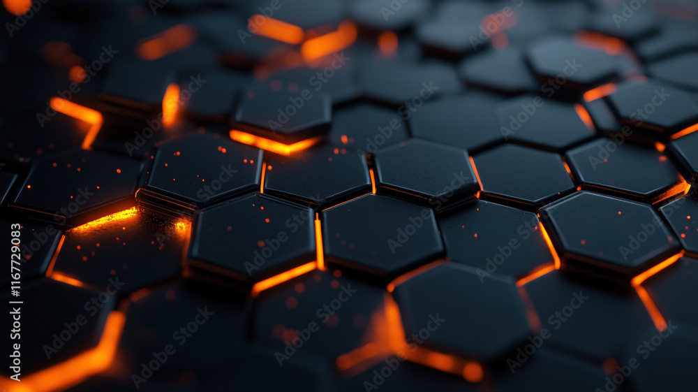 Futuristic Hexagonal Grid with Glowing Orange Light Intersections, Perfect for High-Tech and Cyberpunk Concepts Futuristic Hexagonal Grid with Glowing Orange Light Intersections, Perfect for High-Tech and Cyberpunk Concepts