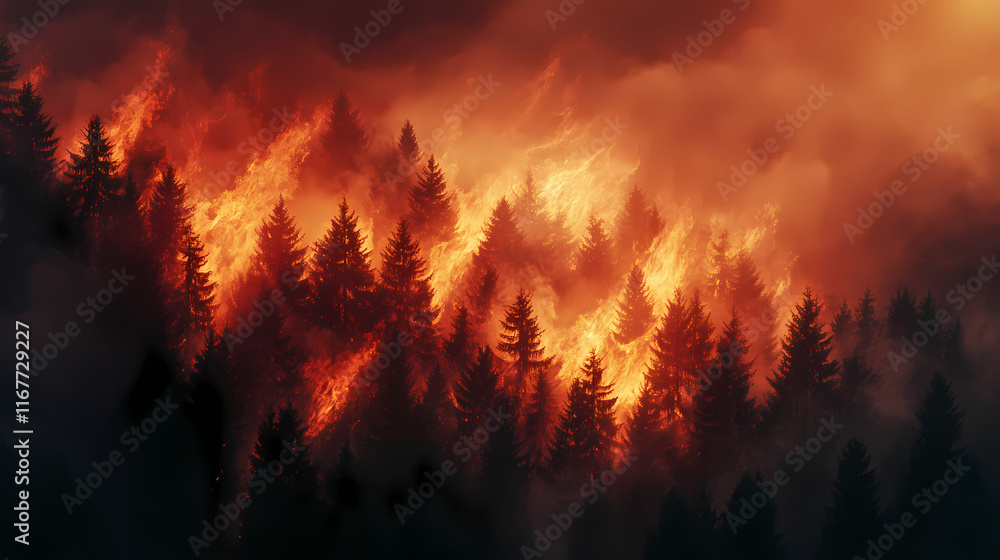 An aerial view of a forest fire engulfing trees under a dramatic smoky sky. Frostwind. Illustration An aerial view of a forest fire engulfing trees under a dramatic smoky sky. Frostwind. Illustration
