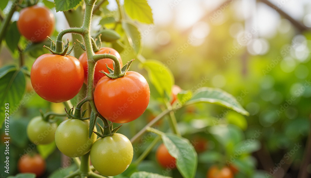 Vibrant cherry tomatoes ripening in greenhouse, Spring nourishment Vibrant cherry tomatoes ripening in greenhouse, Spring nourishment