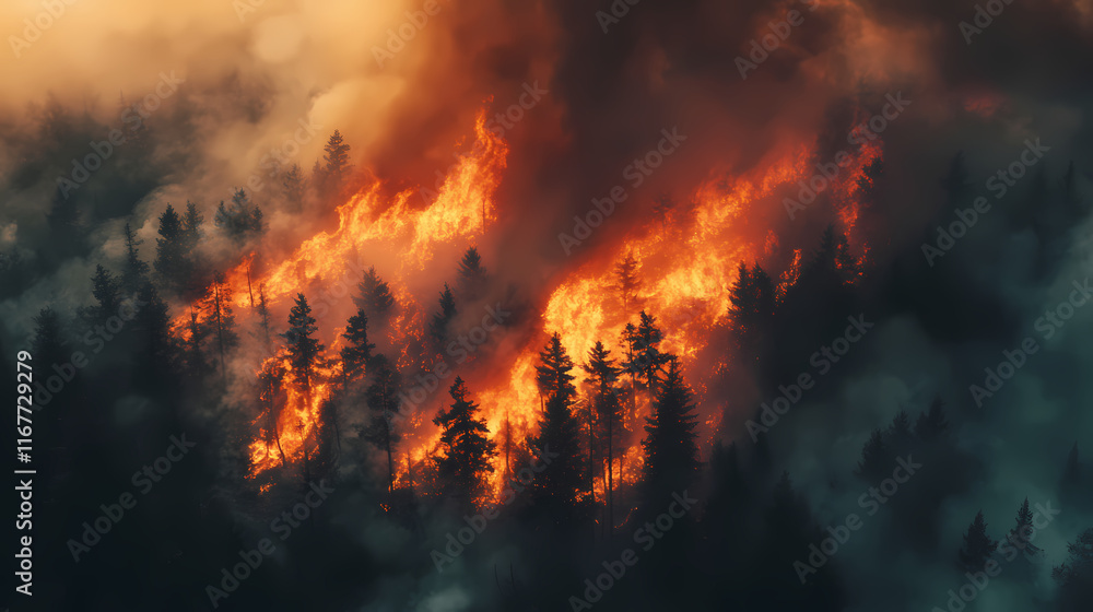 An aerial view of a forest fire engulfing trees under a dramatic smoky sky. Frostwind. Illustration An aerial view of a forest fire engulfing trees under a dramatic smoky sky. Frostwind. Illustration