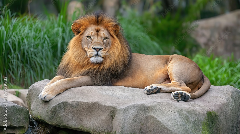 Naklejka premium A lion is laying on a rock in a zoo