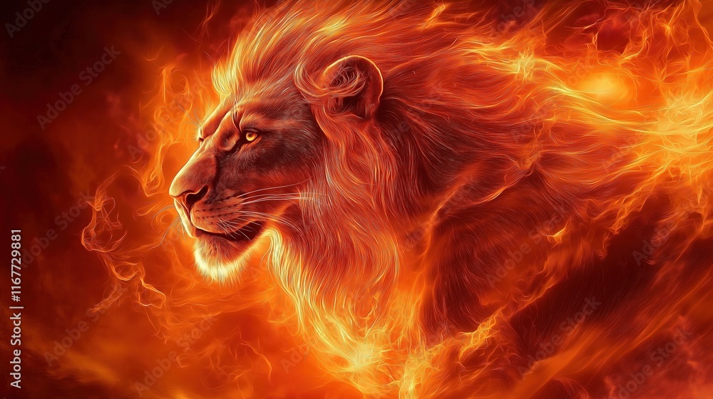Fototapeta premium A lion with a fiery mane and a glowing face