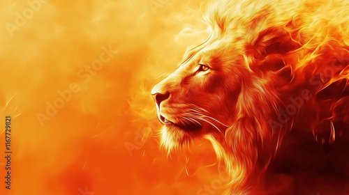 A lion with a fiery mane and an orange background