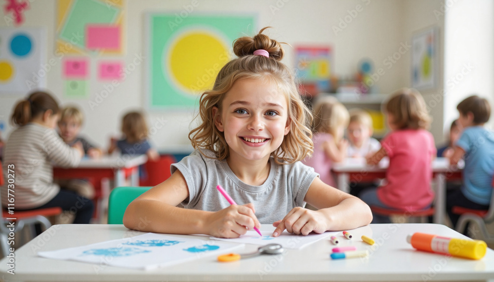 Fototapeta premium Happy girl creating craft project in bright classroom, joyful learning