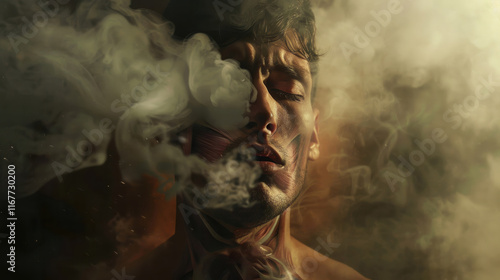 Man exhaling smoke illustrating anatomy in hyper realistic digital rendering photo