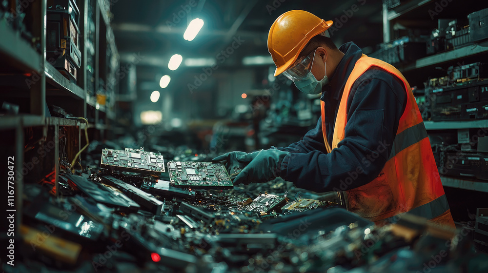 Asian man sorting electronic waste in recycling facility, wearing safety gear and hard hat, focused on sustainability Asian man sorting electronic waste in recycling facility, wearing safety gear and hard hat, focused on sustainability