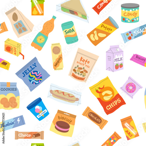 snack pattern. junk food packages crackers chocolate bars icecream cold drinks. vector seamless background
