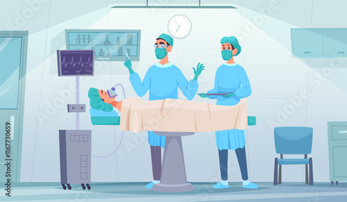 surgery interior. doctor with assistant preparing to operation