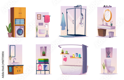 Bathroom. Sink and bathtub in cozy modern interiors exact vector flat pictures style