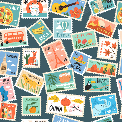Post stamps pattern. Beautiful landscape illustration on pos stamps recent vector seamless background