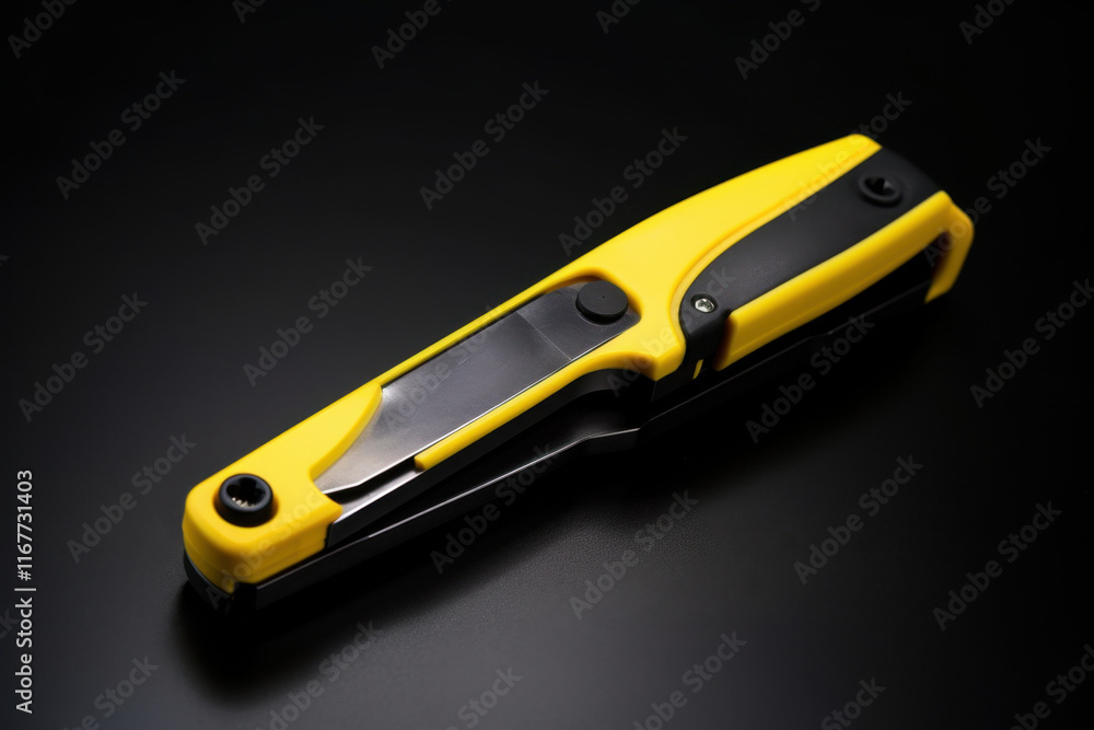 Modern yellow utility knife with sleek design on a black background. Modern yellow utility knife with sleek design on a black background.