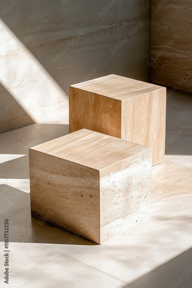 Two stone cubes, sunlight, light-colored surface. Two stone cubes, sunlight, light-colored surface.