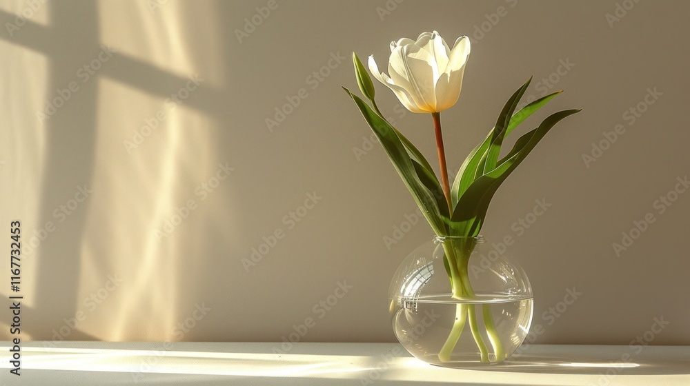 Single white tulip in a clear glass vase on a windowsill. Single white tulip in a clear glass vase on a windowsill.