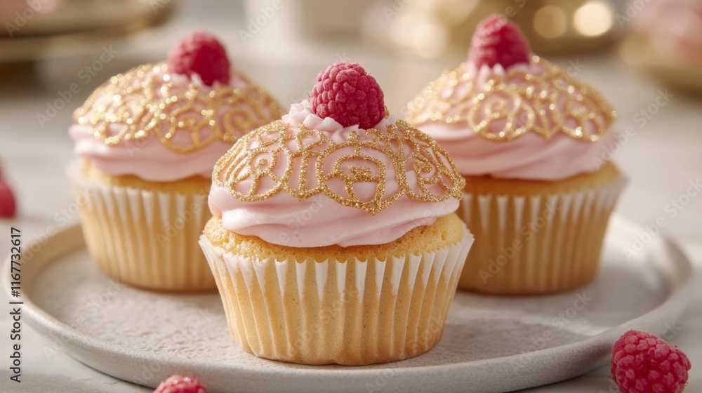 Elegant Pink Cupcakes Topped With Raspberries And Gold Elegant Pink Cupcakes Topped With Raspberries And Gold