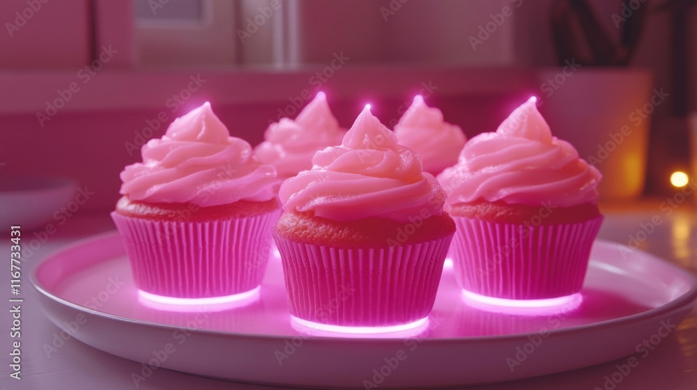 Pink Cupcakes Illuminated On A Plate Pink Cupcakes Illuminated On A Plate