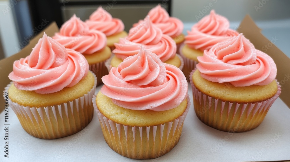 Pink frosted cupcakes in a brown cardboard box Pink frosted cupcakes in a brown cardboard box