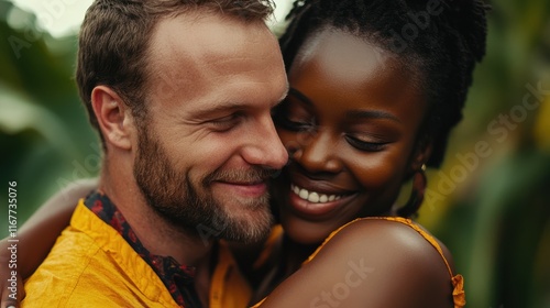 Multiracial couple having tender moments outdoor - Caucasian man and african woman having fun together during vacation - Travel, love and multi thnic relationship concept - Focun on man face photo