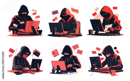 Hacker stealing data cartoon vector concepts. Thief hoodie mask email credit card anonymity personal information looting person, security cyber protection warning illustrations isolated vectors