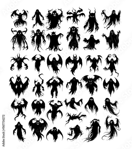 Halloween evil spirit icons black ink vector set. Spooky creepy poltergeist ghost, little scary soaring phantom revenant shade tiny wraith demon specter , isolated vector on white background