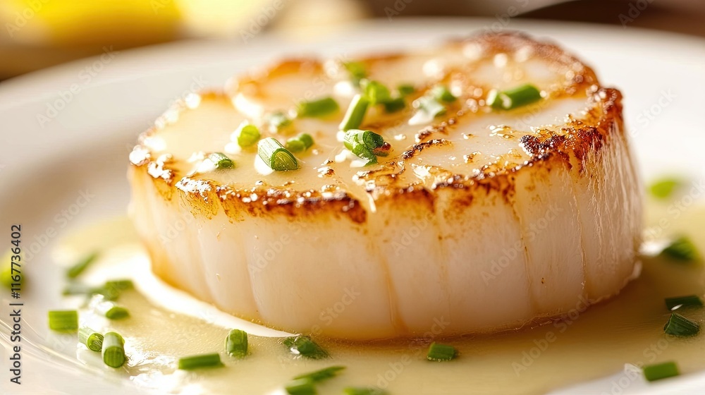 Seared scallop with chives and butter sauce. Seared scallop with chives and butter sauce.