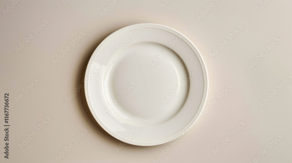 Top view of a single, empty, white dinner plate on a beige background. Top view of a single, empty, white dinner plate on a beige background.
