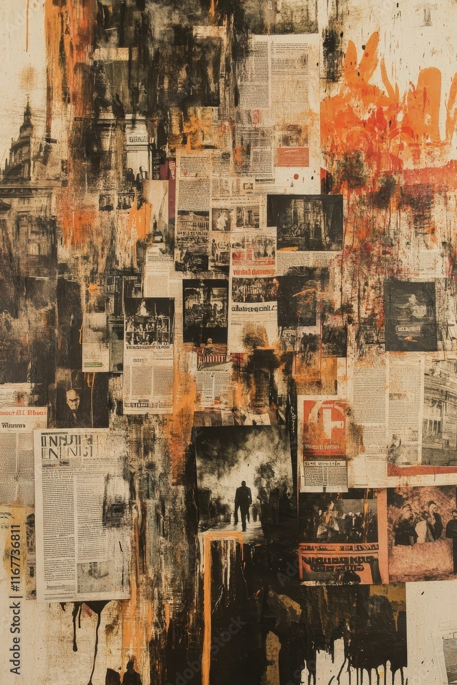 Fototapeta premium Abstract collage; textured; layered; newspaper; paint.