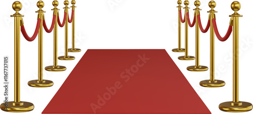 isolated red carpet front view. 3d realistic red carpet with golden barriers  