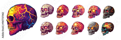 Lighting bolts skull cartoon vector set. Human dead head bone electricity flashes discharges body remains, colorful skeletons bright energy avatars, isolated illustration on white background