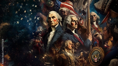 Founding fathers, flag, historical figures, patriotic collage.