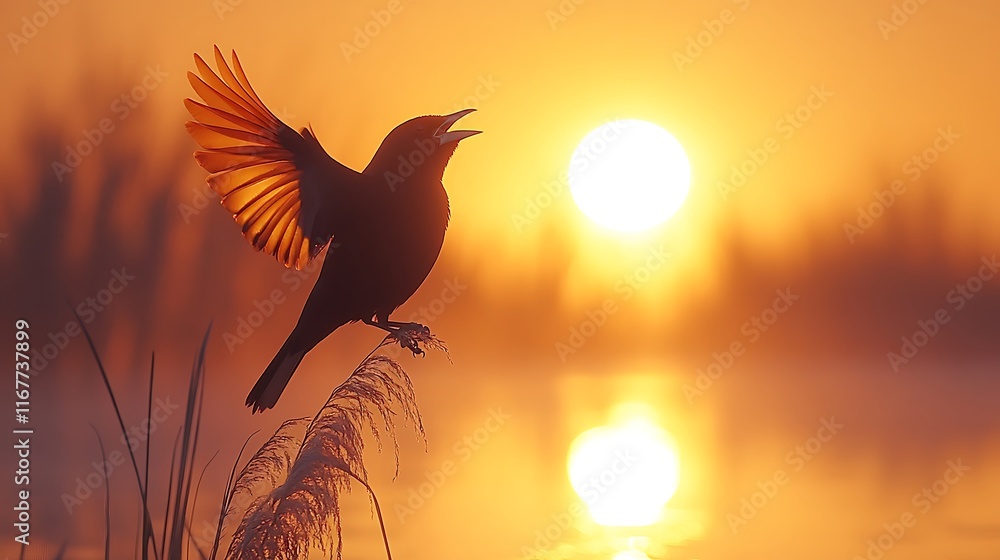 Obraz premium Redwinged Blackbird Agelaius phoeniceus glossy black bird red yellow wing patch calling out cattail perch wetland sunrise
