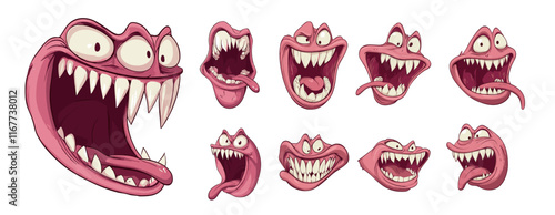 Monster mouth cartoon vector set. Fangs big tongue scary creepy expression character, anger bad alien laughing comic creature, halloween spooky demon isolated on white backdrop