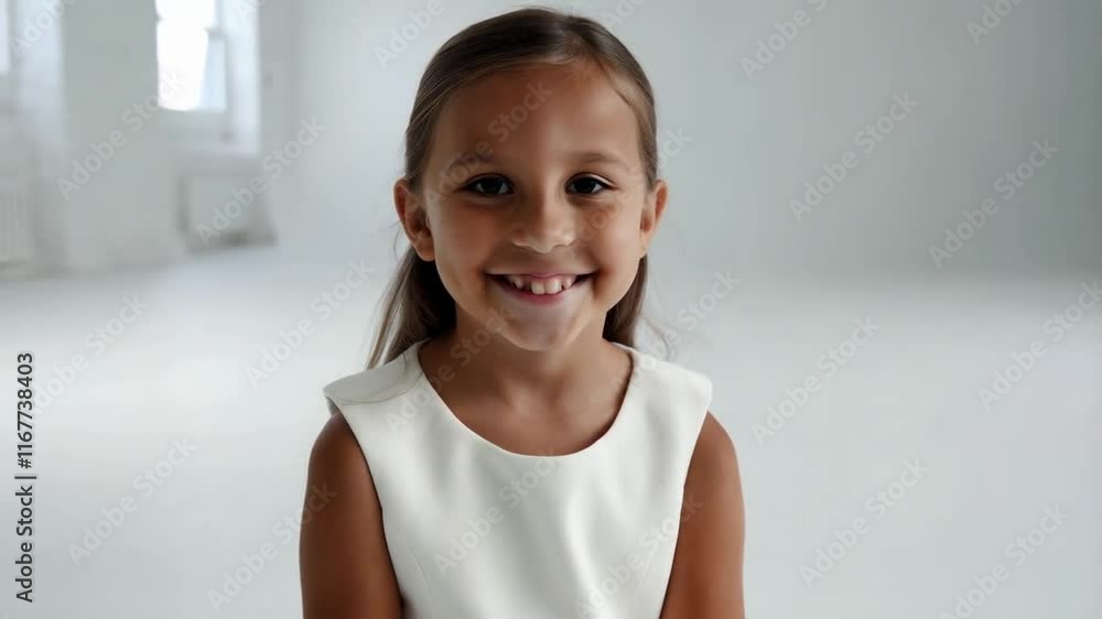 Adorable Little Girl in White Dress, Joyful Smile Adorable Little Girl in White Dress, Joyful Smile