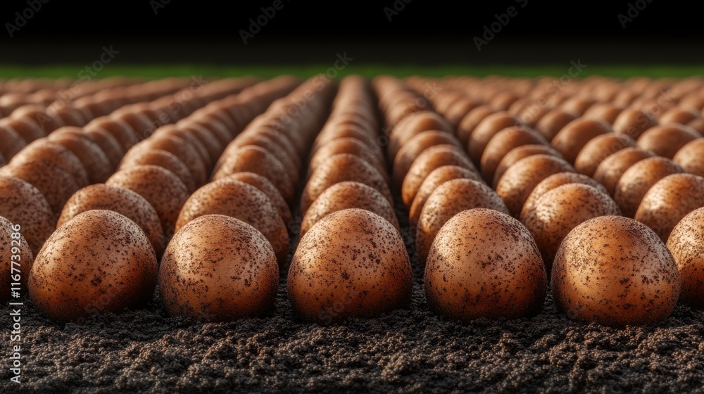 Rows of freshly planted potatoes in rich, dark soil under evening light in an agricultural field Rows of freshly planted potatoes in rich, dark soil under evening light in an agricultural field